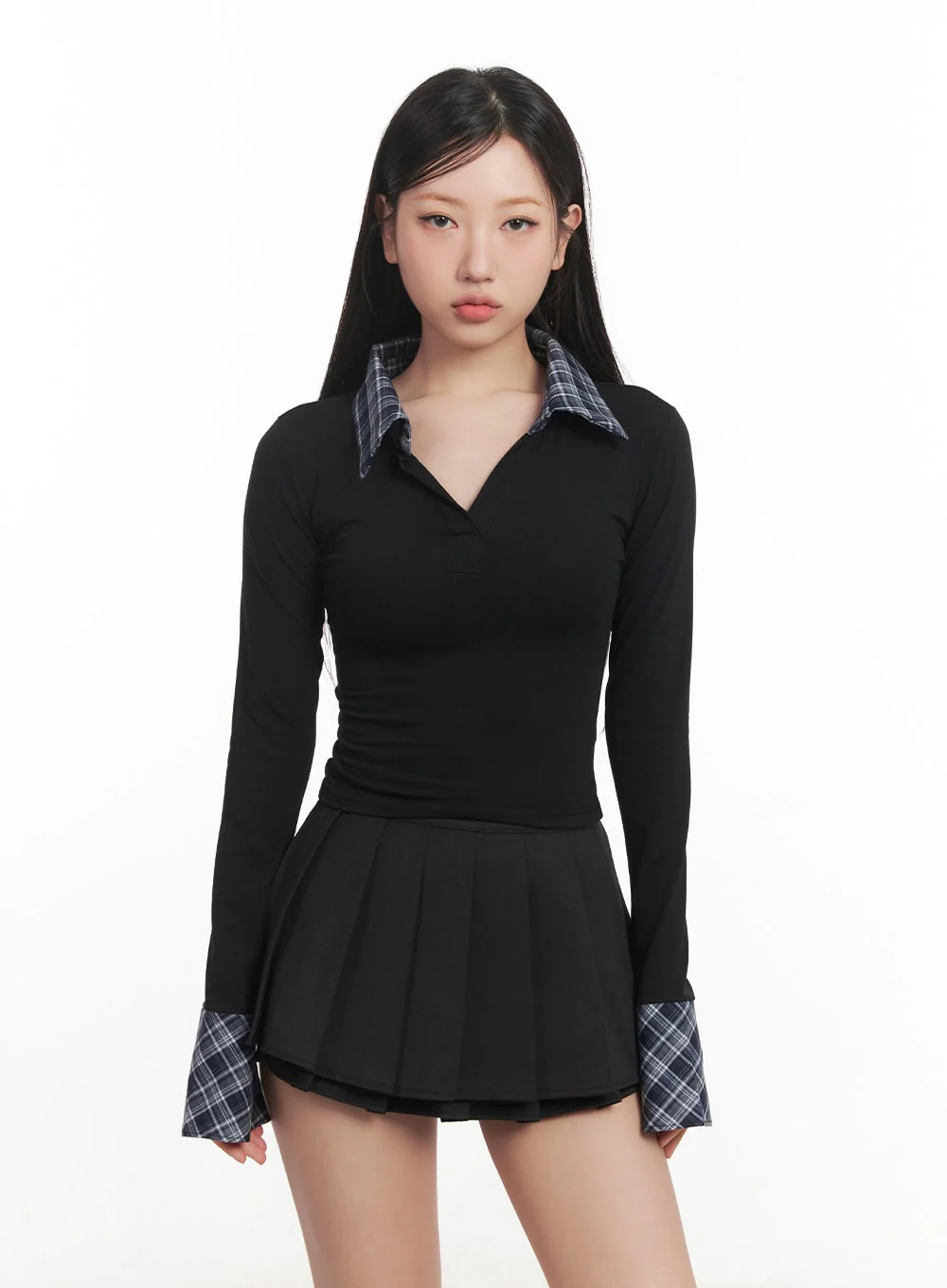 Checkered-Collar Long-Sleeve Crop Top CM531 - Image 10
