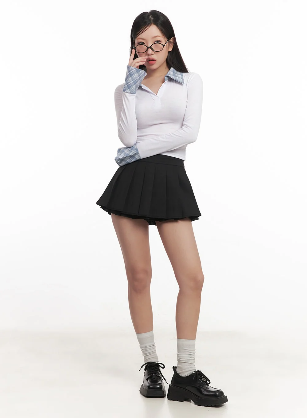 Checkered-Collar Long-Sleeve Crop Top CM531 - Image 5