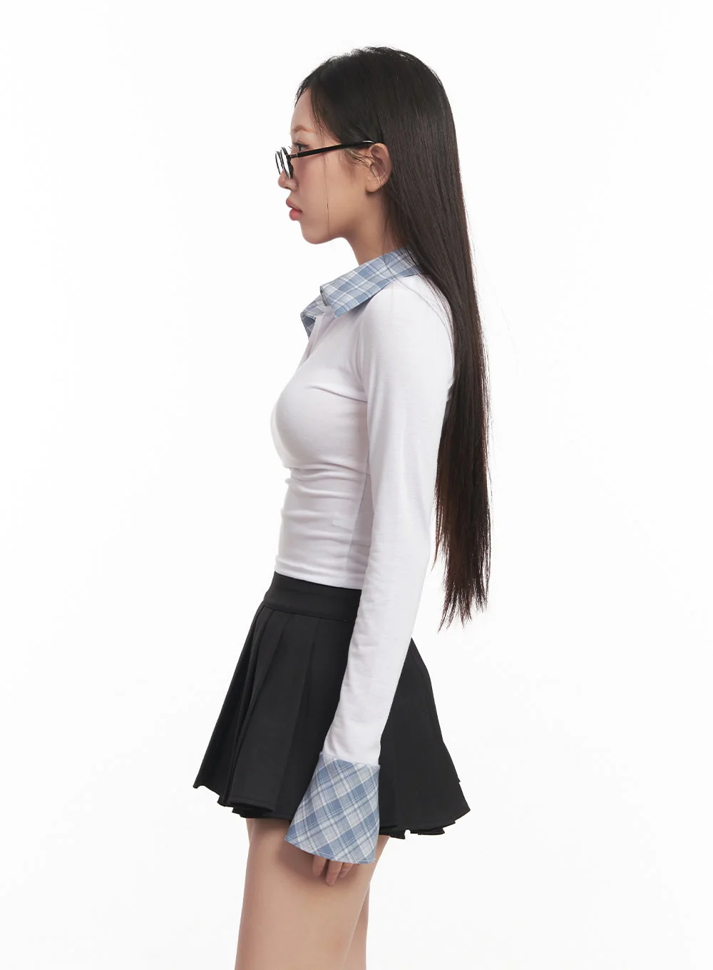 Checkered-Collar Long-Sleeve Crop Top CM531 - Image 6