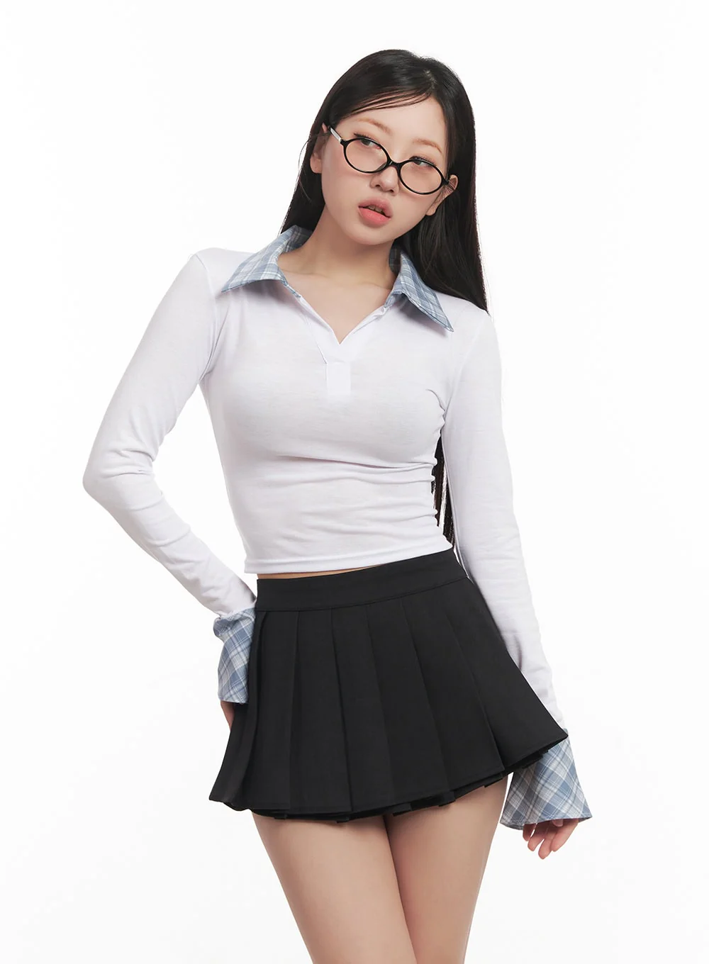Checkered-Collar Long-Sleeve Crop Top CM531 - Image 8