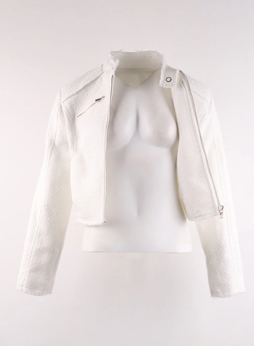 High Neck Tweed Zipper Biker Jacket CF401 - Image 12