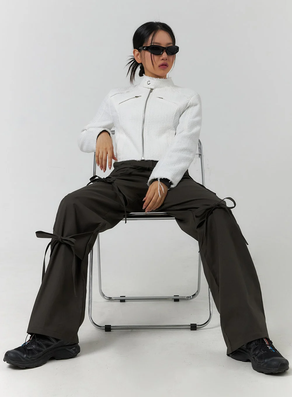 High Neck Tweed Zipper Biker Jacket CF401 - Image 6