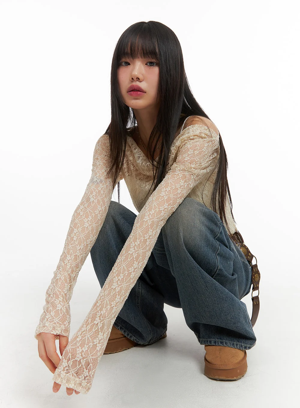 Lace Asymmetrical Floral Lace Long Sleeve Top CJ415 - Image 6