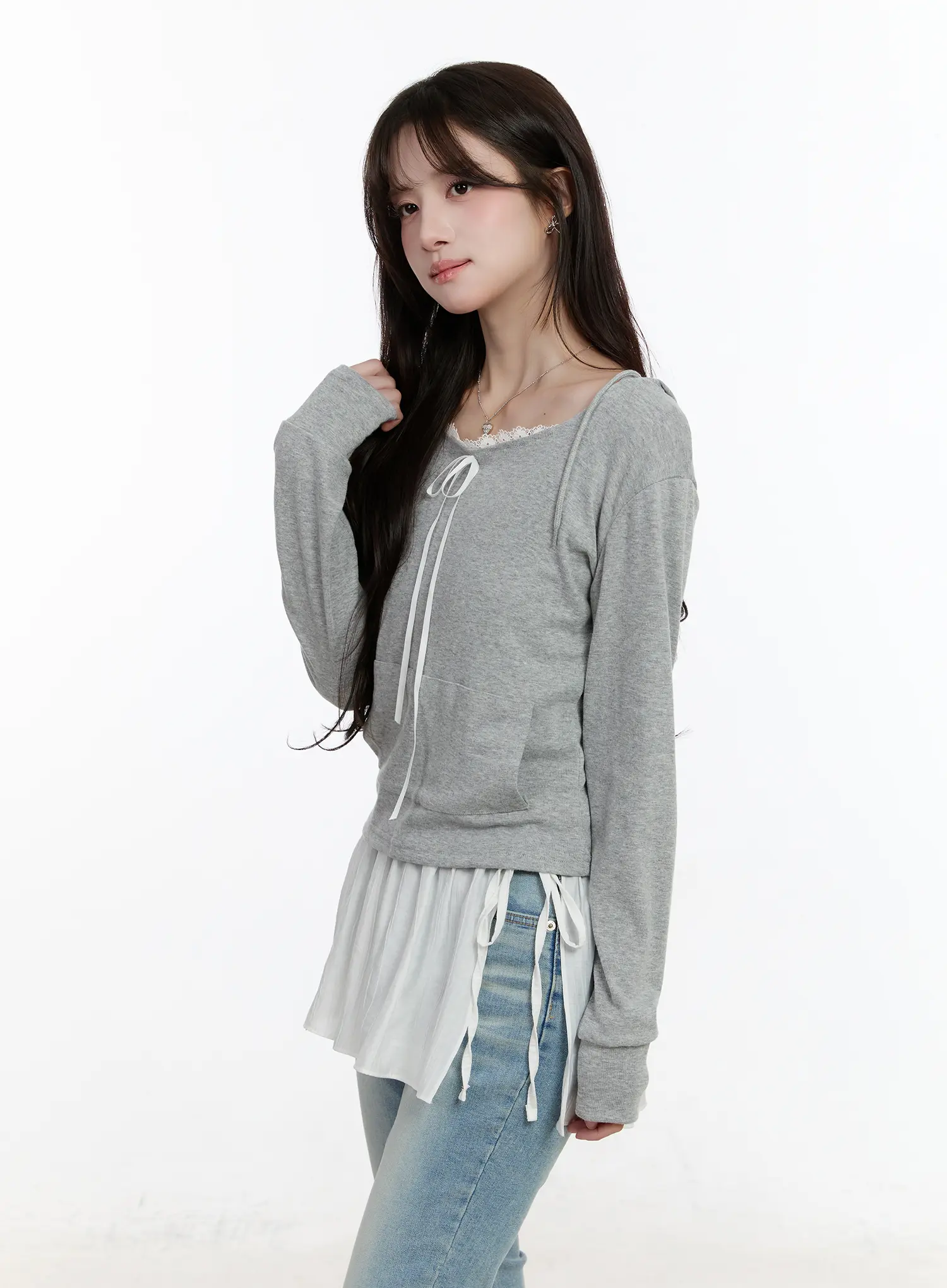 Lace Ribbon Hooded Long Sleeve Top CM505 - Image 12