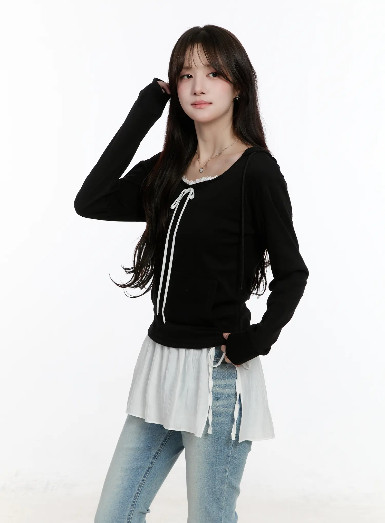 Lace Ribbon Hooded Long Sleeve Top CM505 - Image 9