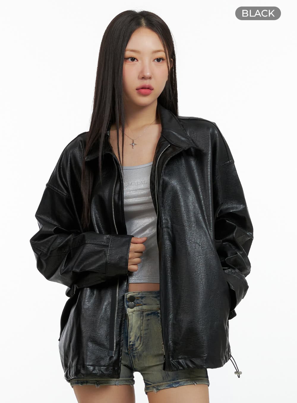 Oversize Zip-Up Faux Leather Jacket OL408 - Image 7