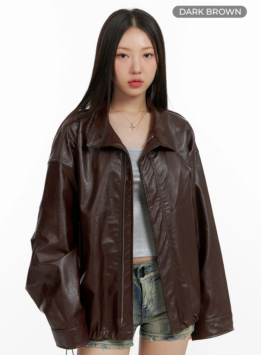 Oversize Zip-Up Faux Leather Jacket OL408 - Image 8