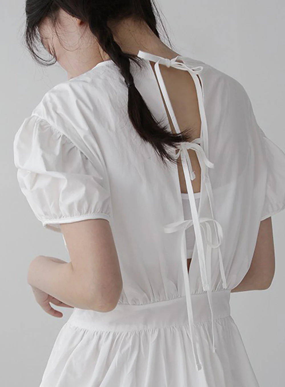 Puff Sleeve Dress with Ribbon Back - Image 7