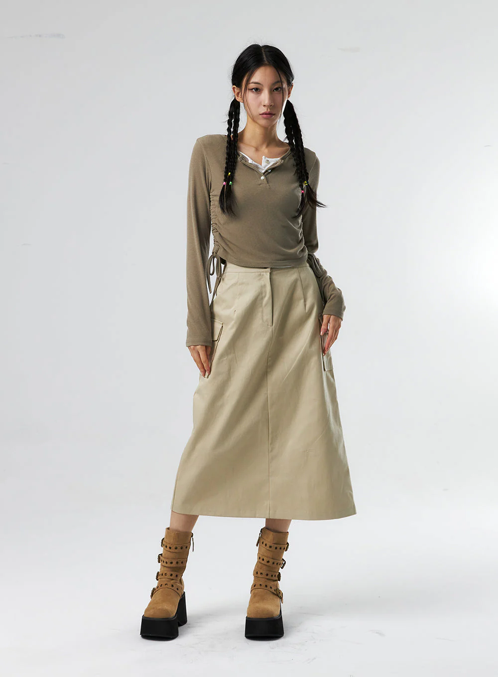 Simple High Waist Button Cargo Long Skirt CO05 - Image 10
