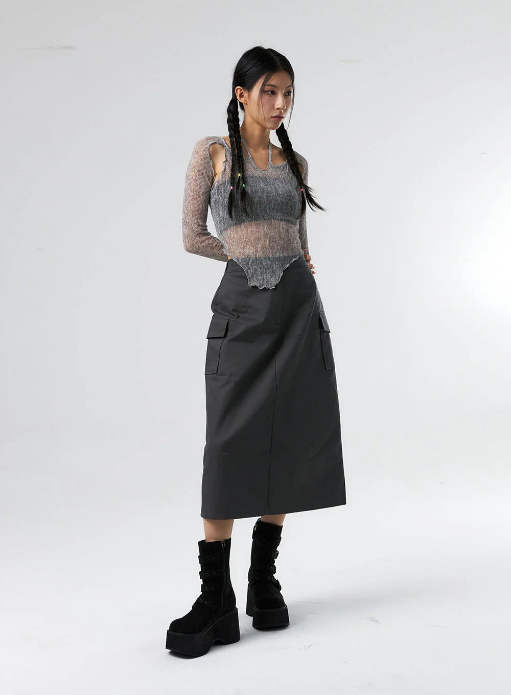 Simple High Waist Button Cargo Long Skirt CO05 - Image 11
