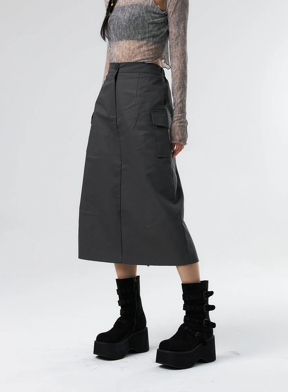 Simple High Waist Button Cargo Long Skirt CO05 - Image 12