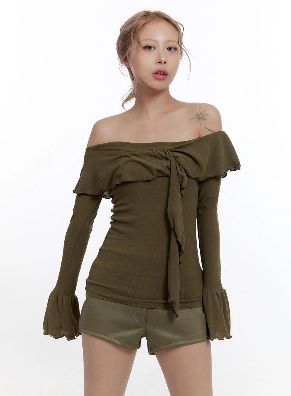 Solid Off Shoulder Long Sleeve Top CN422 - Image 9