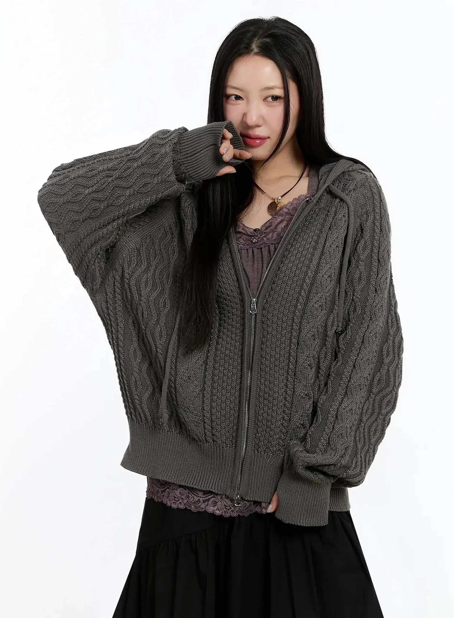 Twisted Knit Zip-Up Hoodie IM509 - Image 6